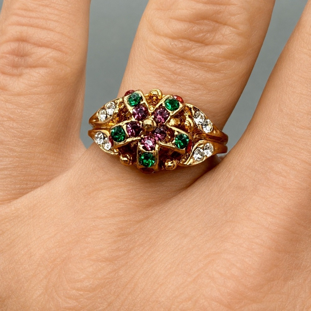 Vintage Lind 14KT HGE Multi-Color Crystal Royal Crown Statement Ring Gold Size 8